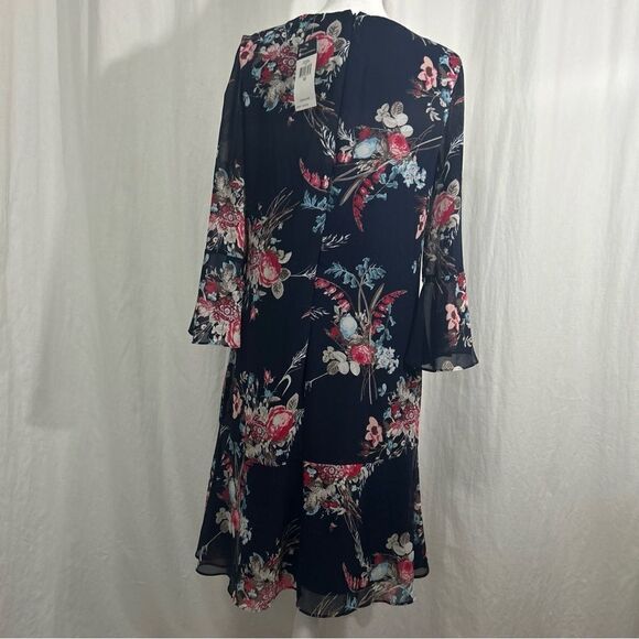 NWT Chaps Dress Women’s Size 10 Navy Chiffon Floral Bell Sleeve Vneck - Picture 7 of 11